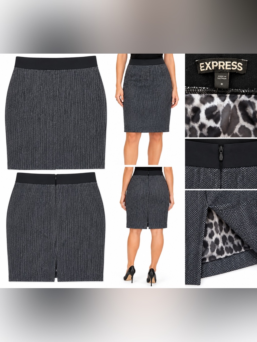 Express Size 8 Herringbone Pencil Skirt Black Gray Leopard Lined